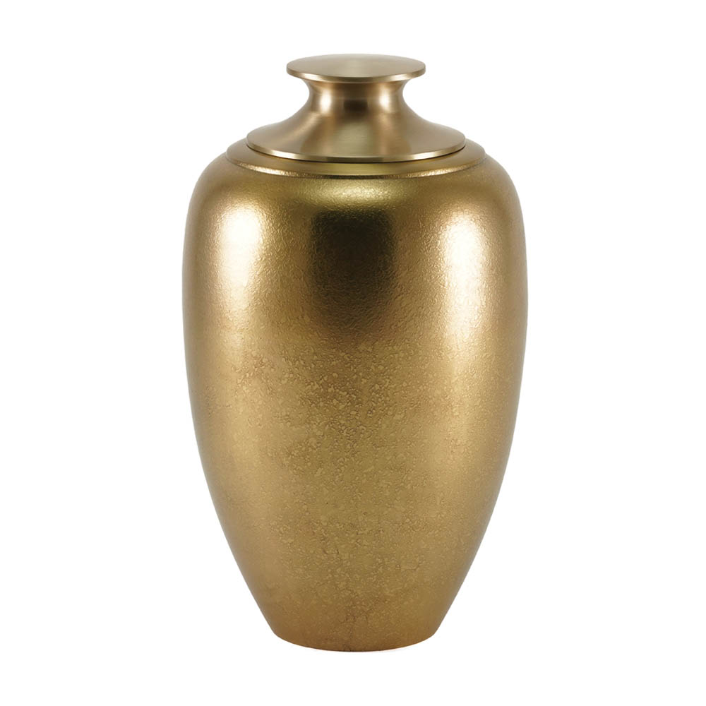Textured bronze colored metallic urn with brass lid