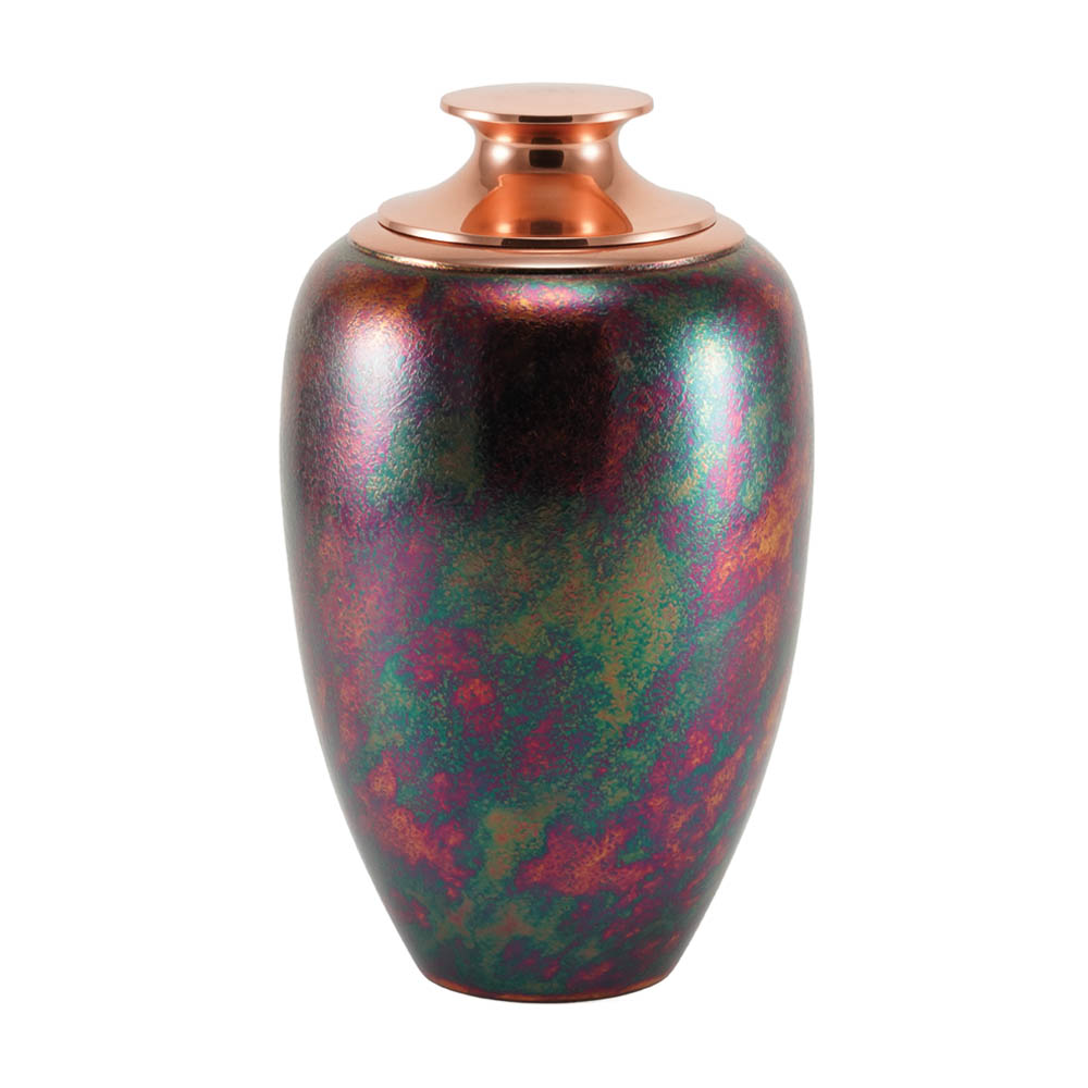 Textured multi-colored urn with brass lid