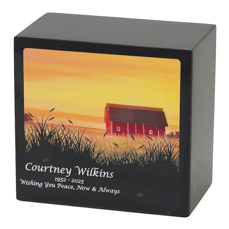 Black Marble urn with a barn photo