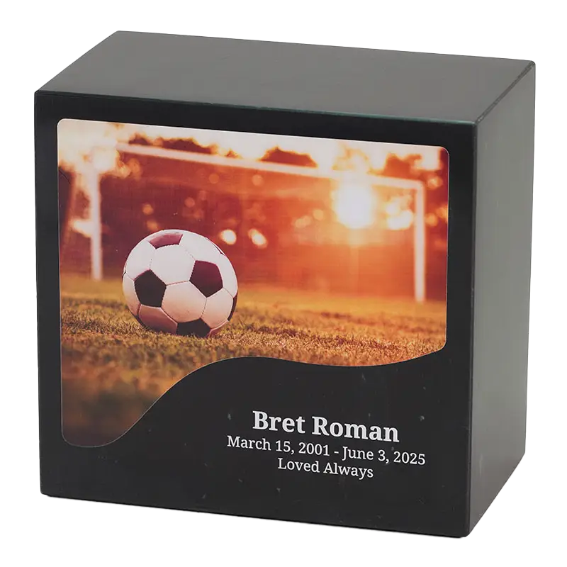 Black Marble urn with soccer ball design