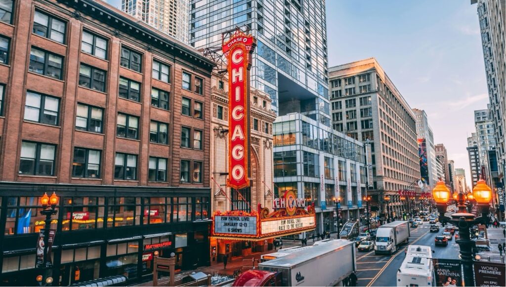 The Chicago Theater exterior along a busy street